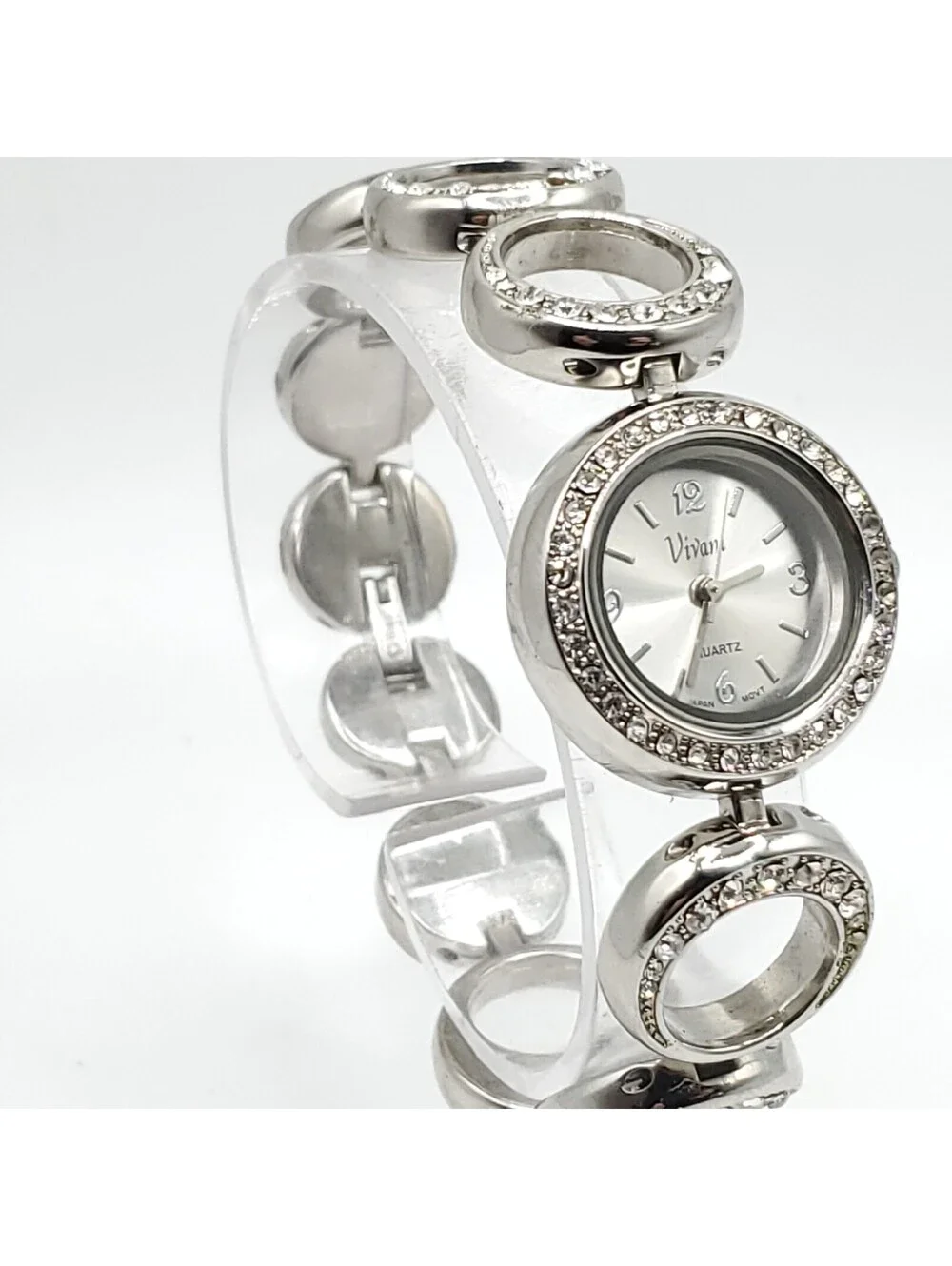 Vivani Rhinestone Quartz Womens Watch 24mm Silver Tone New Battery